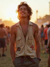 a man in  a sleeveless shirt and cargo pants, embodying the free-spirited and carefree nature of a music festival