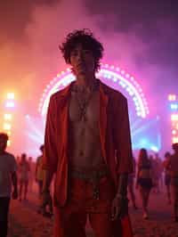 an incredibly attractive man in a festival outfit, embracing the festival vibes and posing against a backdrop of colorful stage lights and decorations