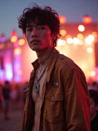 an incredibly attractive man in a festival outfit, embracing the festival vibes and posing against a backdrop of colorful stage lights and decorations