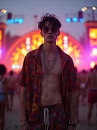 an incredibly attractive man in a festival outfit, embracing the festival vibes and posing against a backdrop of colorful stage lights and decorations