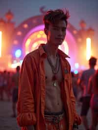 an incredibly attractive man in a festival outfit, embracing the festival vibes and posing against a backdrop of colorful stage lights and decorations