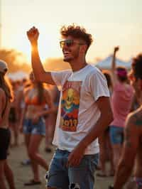 a stunning man as a festival-goer, dancing and enjoying the music in a vibrant crowd, wearing  a colorful graphic t-shirt and denim shorts