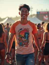 a stunning man as a festival-goer, dancing and enjoying the music in a vibrant crowd, wearing  a colorful graphic t-shirt and denim shorts