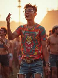 a stunning man as a festival-goer, dancing and enjoying the music in a vibrant crowd, wearing  a colorful graphic t-shirt and denim shorts