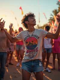 a stunning man as a festival-goer, dancing and enjoying the music in a vibrant crowd, wearing  a colorful graphic t-shirt and denim shorts