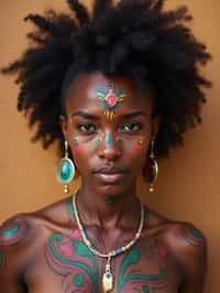 a woman with colorful temporary tattoos and henna art , adding an element of tribal and cultural inspiration to their festival look