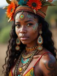 a woman with colorful temporary tattoos and henna art , adding an element of tribal and cultural inspiration to their festival look