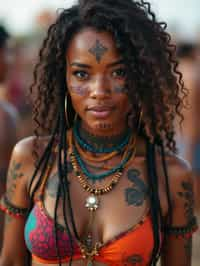 a woman with colorful temporary tattoos and henna art , adding an element of tribal and cultural inspiration to their festival look