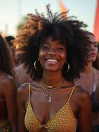 a stunning woman surrounded by a group of friends , capturing the sense of community and celebration at the festival