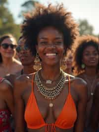 a stunning woman surrounded by a group of friends , capturing the sense of community and celebration at the festival