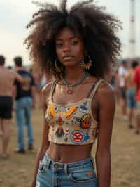 a woman in a crop top and denim skirt with festival patches , embodying the DIY and personalization culture of music festivals