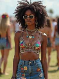 a woman in a crop top and denim skirt with festival patches , embodying the DIY and personalization culture of music festivals