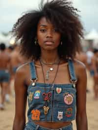 a woman in a crop top and denim skirt with festival patches , embodying the DIY and personalization culture of music festivals