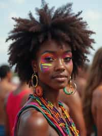 a woman with colorful festival makeup , standing out in the crowd and embracing the festival's vibrant atmosphere