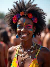 a woman with colorful festival makeup , standing out in the crowd and embracing the festival's vibrant atmosphere