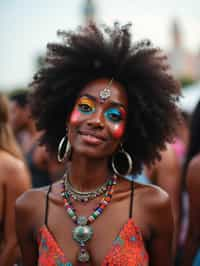 a woman with colorful festival makeup , standing out in the crowd and embracing the festival's vibrant atmosphere