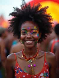 a woman with colorful festival makeup , standing out in the crowd and embracing the festival's vibrant atmosphere