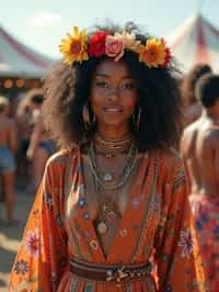 a stunning woman in a flowy kimono and flower crown , embodying the fusion of bohemian and rock n roll styles at the festival