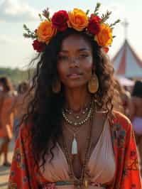 a stunning woman in a flowy kimono and flower crown , embodying the fusion of bohemian and rock n roll styles at the festival