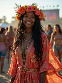 a stunning woman in a flowy kimono and flower crown , embodying the fusion of bohemian and rock n roll styles at the festival