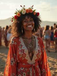 a stunning woman in a flowy kimono and flower crown , embodying the fusion of bohemian and rock n roll styles at the festival