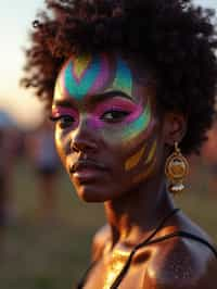 a woman with glittery makeup and body paint , capturing the artistic and expressive side of the music festival experience