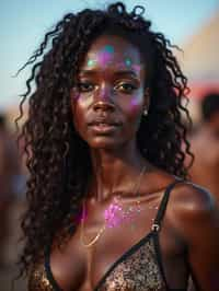 a woman with glittery makeup and body paint , capturing the artistic and expressive side of the music festival experience