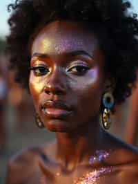 a woman with glittery makeup and body paint , capturing the artistic and expressive side of the music festival experience