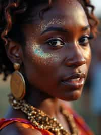 a woman with glittery makeup and body paint , capturing the artistic and expressive side of the music festival experience