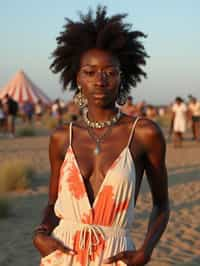 a stunning woman in a tie-dye jumpsuit and statement accessories , capturing their eclectic and fashionable festival look