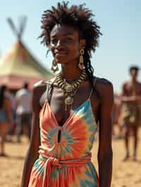 a stunning woman in a tie-dye jumpsuit and statement accessories , capturing their eclectic and fashionable festival look