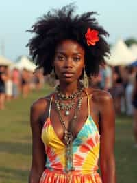 a stunning woman in a tie-dye jumpsuit and statement accessories , capturing their eclectic and fashionable festival look