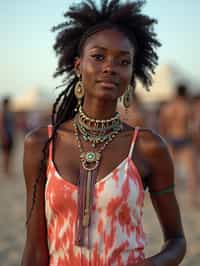 a stunning woman in a tie-dye jumpsuit and statement accessories , capturing their eclectic and fashionable festival look