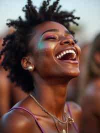 a woman enjoying a live performance on a sunny day, with glitter on their face , radiating the joy and excitement of the festival