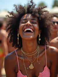 a woman enjoying a live performance on a sunny day, with glitter on their face , radiating the joy and excitement of the festival