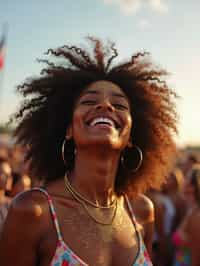 a woman enjoying a live performance on a sunny day, with glitter on their face , radiating the joy and excitement of the festival