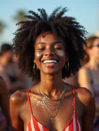 a woman enjoying a live performance on a sunny day, with glitter on their face , radiating the joy and excitement of the festival