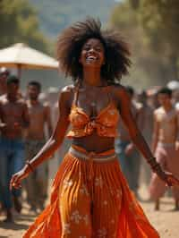 a woman in a flowy bohemian skirt and crop top , capturing their infectious energy and enthusiasm for the music