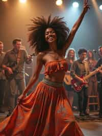 a woman in a flowy bohemian skirt and crop top , capturing their infectious energy and enthusiasm for the music