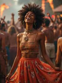 a woman in a flowy bohemian skirt and crop top , capturing their infectious energy and enthusiasm for the music