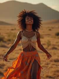 a woman in a flowy bohemian skirt and crop top , capturing their infectious energy and enthusiasm for the music