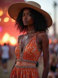 a woman in a bohemian jumpsuit and a wide-brimmed hat , striking a pose in front of a stage backdrop, capturing the excitement of a music festival