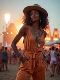 a woman in a bohemian jumpsuit and a wide-brimmed hat , striking a pose in front of a stage backdrop, capturing the excitement of a music festival