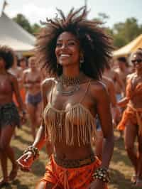 a woman in a festival-inspired outfit, dancing with a group of friends , capturing the energetic and lively atmosphere