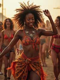 a woman in a festival-inspired outfit, dancing with a group of friends , capturing the energetic and lively atmosphere