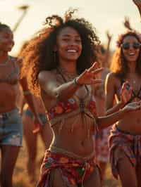 a woman in a festival-inspired outfit, dancing with a group of friends , capturing the energetic and lively atmosphere