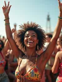 a woman enjoying the live music on a sunny day, surrounded by colorful festival-goers  and raising their hands in excitement