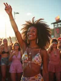 a woman enjoying the live music on a sunny day, surrounded by colorful festival-goers  and raising their hands in excitement