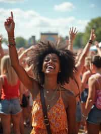 a woman enjoying the live music on a sunny day, surrounded by colorful festival-goers  and raising their hands in excitement