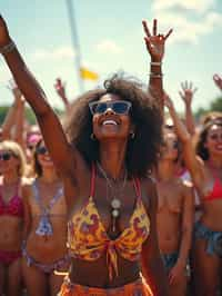 a woman enjoying the live music on a sunny day, surrounded by colorful festival-goers  and raising their hands in excitement